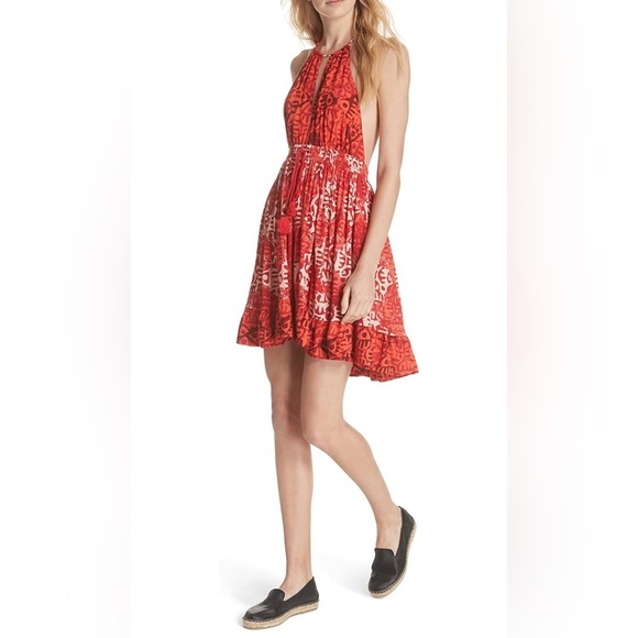 FREE PEOPLE BEACH DAY MINI DRESS WITH HALTER NECKLINE IN RED SIZE SMALL - Picture 5 of 16